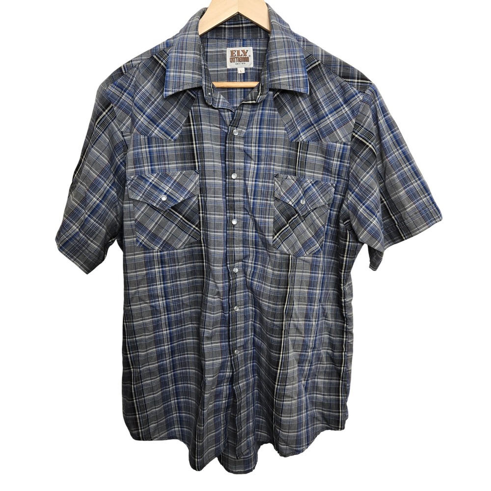 ELY Cattleman Mens Plaid‎ Short Sleeve Pearl Snap Western Shirt Size L Vintage